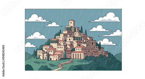 Ancient village on a hill under heavy rainfall, surrounded by lush greenery and clouds