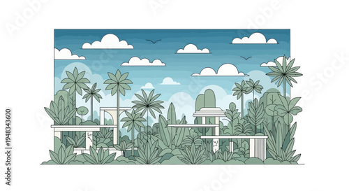 Lush greenery and minimalist structures under a cloudy blue sky