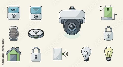 Diverse smart home icons thermometer, thermostat, camera, and more