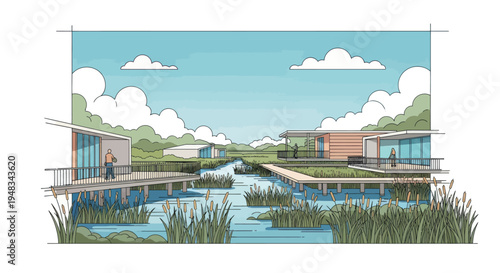 Modern homes on stilts over a marshy waterway with lush greenery