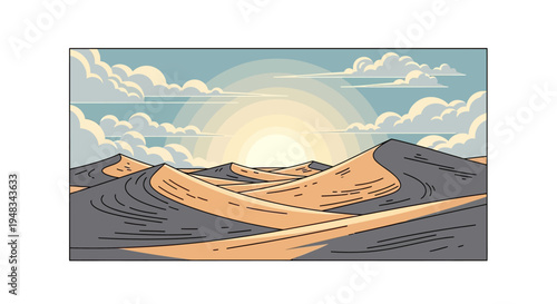 Sunrise over rolling desert dunes with layered clouds