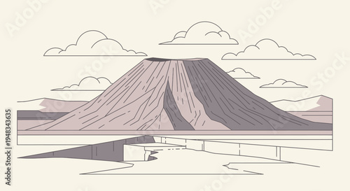 Minimalist illustration of a cone-shaped volcano on a cracked plain