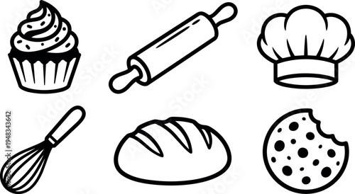 Black and white line art collection of bakery tools and baked goods including cupcake rolling pin chef hat whisk bread cookie icons