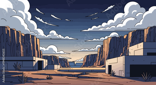 Stylized desert landscape with towering cliffs, modern structures, and a dramatic sky