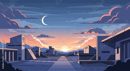 A futuristic cityscape with a crescent moon and sunset in a pastel sky