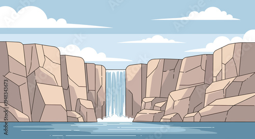 Scenic canyon with a powerful waterfall cascading into a calm lake under a cloudy sky