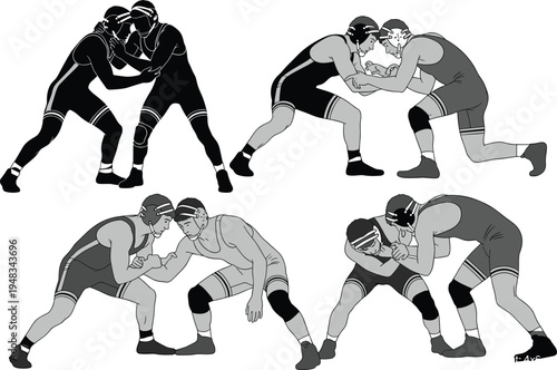wrestling athletes silhouettes set, freestyle and greco roman wrestling combat poses, competitive sport training action vector illustration collection isolated