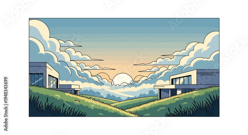 Sun sets over rolling hills with modern homes flanking a cloudy sky