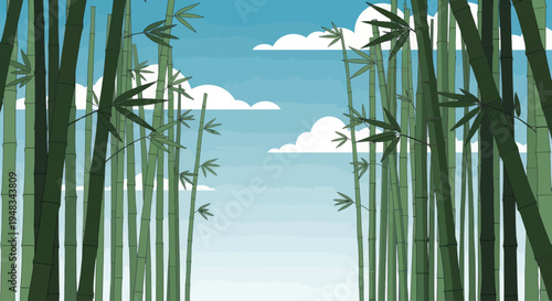Tall green bamboo stalks with leaves against a blue sky with white clouds