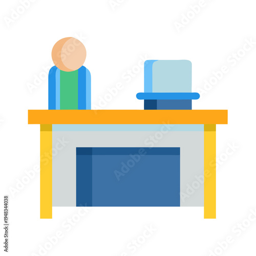 Person at reception desk with computer flat style icon