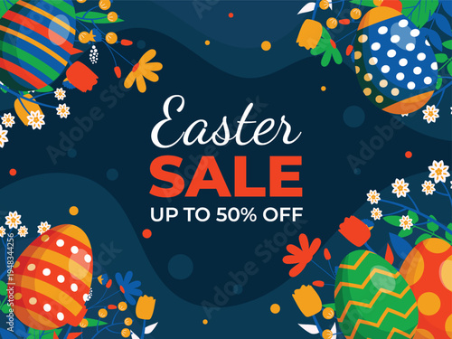 Colorful easter eggs and floral decorations announce a seasonal sale
