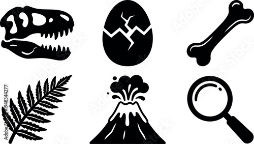 Flat design black silhouette set of dinosaur skull cracked egg bone fern volcano and magnifying glass icons in simple vector style