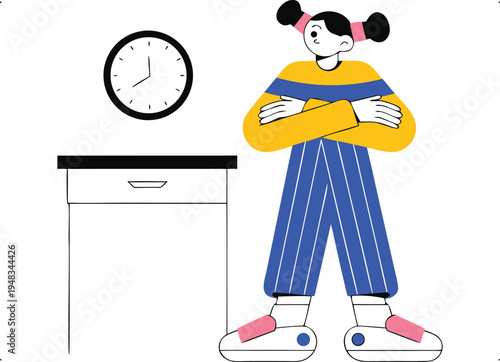 Impatient Cartoon Girl with Arms Crossed by Desk and Clock isolated on transparent background