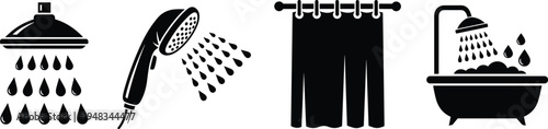 Bathroom shower equipment silhouette collection including shower head, handheld shower, bathtub and curtain icons set isolated on white background for hygiene and bathroom design