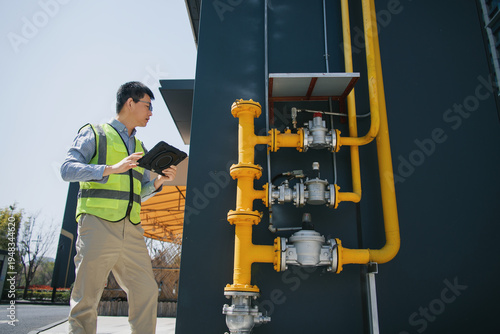 Engineer inspecting gas pipeline valves and equipment on site
