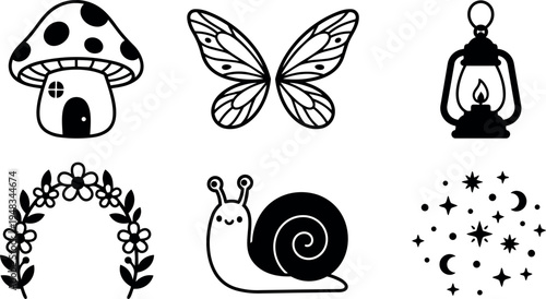 Cute black and white mushroom house butterfly wings lantern floral wreath smiling snail and starry night vector icons collection