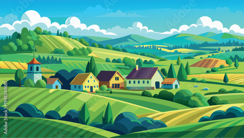 Flat Design Vector Illustration of a Picturesque Rural Village with Rolling Green Hills, Farmland, and Sunny Blue Sky