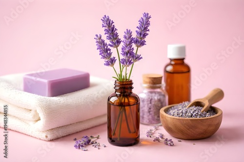 A soothing spa arrangement with lavender sprigs, essential oil, soap, bath salts, and towels against a soft pink background.