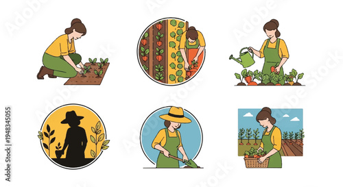 Woman gardening growing vegetables illustration set isolated