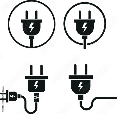 Collection of black electric plug icons featuring lightning bolt symbols and cable connectors in circular and flat silhouette styles for energy and power