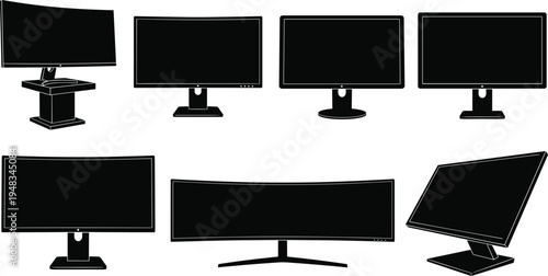 Computer monitor and curved display screen silhouette collection, modern desktop monitor technology icons set isolated on white background for workspace and digital device design