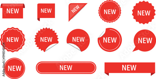 Collection of red new arrival label stickers and badges in various shapes like ribbons circles and sunbursts for retail marketing and promotional offers
