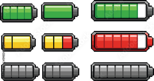Pixel art battery life indicator icon set featuring green full charge yellow medium and red low energy levels for retro video game interface design.