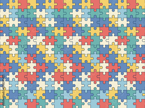 Seamless pattern of interconnected jigsaw puzzle pieces in a vibrant array of colors, symbolizing unity, problem-solving, diversity, and collaboration in a visually engaging graphic background