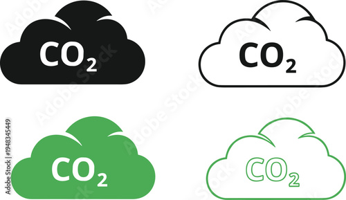Set of carbon dioxide CO2 cloud icons in green and black colors featuring solid silhouettes and line art styles for environmental sustainability concepts