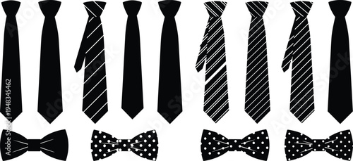 Elegant necktie and bow tie silhouette collection, classic formal fashion accessories set with striped and dotted patterns, minimalist black vector illustration isolated on light background