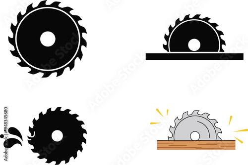 WebHigh quality vector illustration of circular saw blades in different uses including woodworking, wet cutting, and industrial cutting processes with sparks and motion effects.