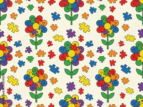 Vibrant seamless pattern featuring colorful puzzle piece flowers amidst scattered individual puzzle elements, representing unity, diversity, and collective understanding