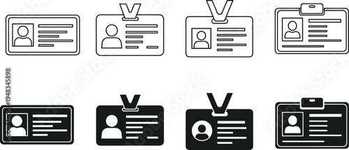 Vector set of identification card icons in outline and silhouette styles for corporate access badges, office security, personal identity, and employee name tags.