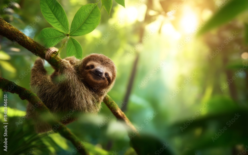Fototapeta premium Sloth Hanging from Tree in Amazon Rainforest During Sunny Day