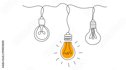 One continuous line drawing of hanging light bulbs with one shining. Concept of creative idea