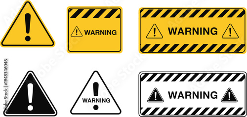 Vector set of warning and caution sign icons with yellow and black hazard stripes, exclamation marks, and alert labels for safety, construction, and danger notification.