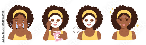 African American woman showing step by step skincare routine with sheet mask. Female character washing face, applying facial mask and glowing skin after beauty treatment infographic set isolated.