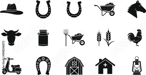 Black Agriculture Icon Vector Set Featuring Farm Animals Like Cow Horse And Rooster With Barn Wheelbarrow Horseshoe Wheat Milk Can And Lantern For Ranch Designs