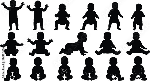 Black Baby Silhouette Vector Set Featuring Toddlers and Infants Crawling Sitting Standing and Playing with Toys for Parenting Newborn Care and Early Childhood Development Designs