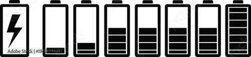 Black Battery Outline Vector Icon Set Featuring Various Charging Levels From Empty To Full Plus Lightning Bolt Symbol For Mobile Phone Interface Power Energy And Technology Designs