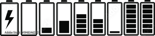 Black Battery Outline Vector Icon Set Featuring Various Charging Levels From Empty To Full Plus Lightning Bolt Symbol For Mobile Phone Interface Power Energy And Technology Designs