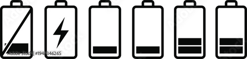 Black Battery Outline Vector Icon Set Featuring Various Charging Levels Lightning Bolt Symbol And Low Power Warning For Mobile Interface Energy And Technology Designs