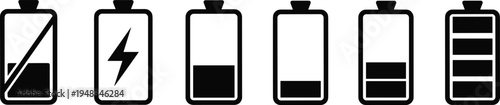 Black Battery Outline Vector Icon Set Featuring Various Charging Levels Lightning Bolt Symbol And Low Power Warning For Mobile Interface Energy And Technology Designs