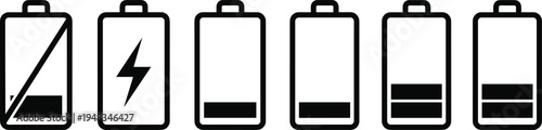 Black Battery Silhouette Vector Icon Set Featuring Charging Status Low Power Full Energy Empty Levels And Progress Indicators For Mobile Interface And Technology Graphic Designs