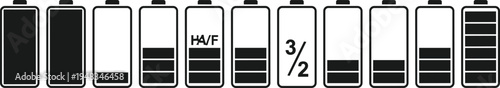 Black Battery Silhouette Vector Icon Set Featuring Various Charging Levels Half Full Indicators And Vertical Cells For Mobile Phone Interface Power Energy And Technology Designs