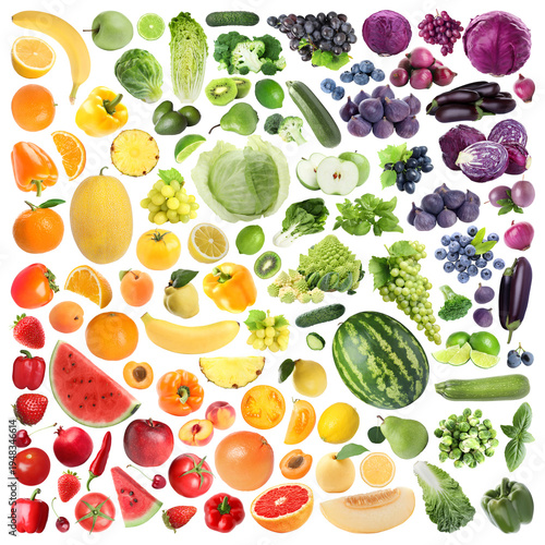 Fresh vegetables and fruits arranged in colors of rainbow on white background, collage