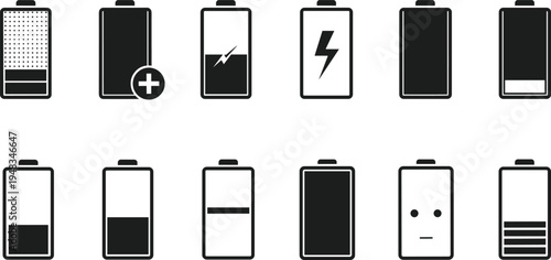 Black Battery Silhouette Vector Icon Set Featuring Various Charging Levels Lightning Bolts Plus Symbols And Vertical Cells For Mobile Interface Power Energy And Technology Designs