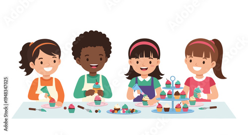 Four happy children, boys and girls, are joyfully decorating colorful cupcakes with frosting and various toppings at a table.