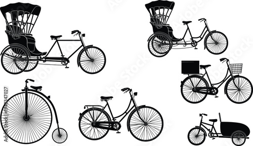 Black Silhouette Vector Set Featuring Traditional Cycle Rickshaws Vintage Penny Farthing Bicycle Classic City Bike And Cargo Delivery Tricycle For Eco Friendly Transportation Graphic Designs