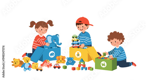 Three happy children are playing with and tidying their toys, including stuffed animals, cars, and building blocks, into colorful storage boxes.